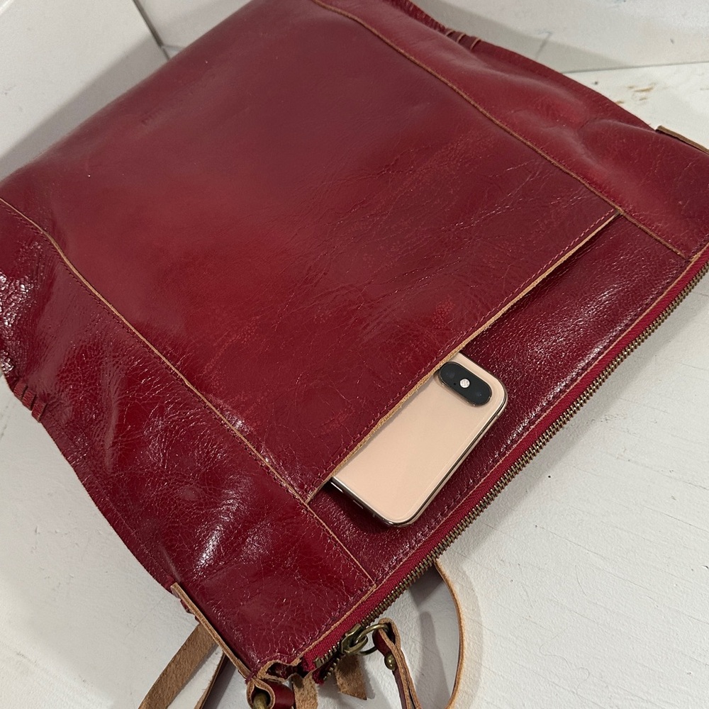 Lucky deep red color leather large cross body shoulder tote. - Picture 3 of 10